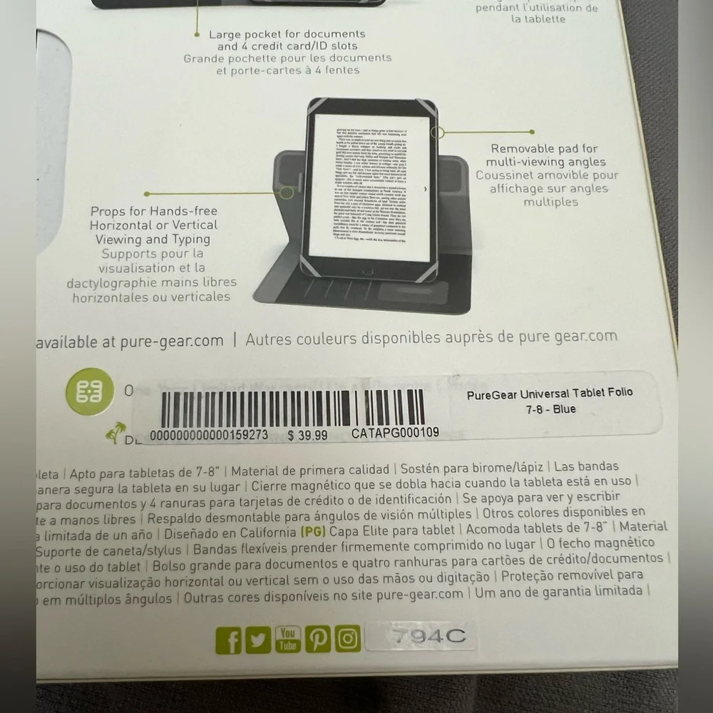 PUREGEAR Universal Tablet Folio Elite Fits 7-8” Blue Magnetic Closure NIB